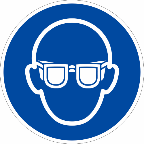 Gebotszeichen Augenschutz benutzen nach ISO 7010 M 004 mit Symbol einer Person mit Schutzbrille auf blauem Hintergrund