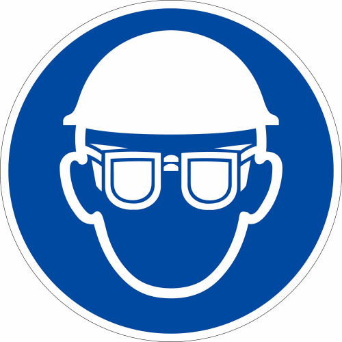Gebotszeichen Kopf- und Augenschutz benutzen mit Schutzhelm und Schutzbrille