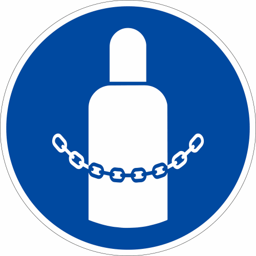 Gebotszeichen Gasflaschen sichern nach ISO 7010 M 046 mit weißer Gasflasche und Kette auf blauem Hintergrund
