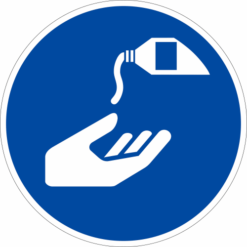 Gebotszeichen Hautschutzmittel benutzen nach ISO 7010 M 022 mit Hand und Hautschutzmittel Symbol auf blauem Hintergrund