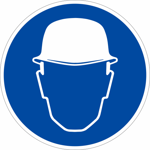 Gebotszeichen Kopfschutz benutzen Sicherheitshelm Symbol auf blauem Hintergrund