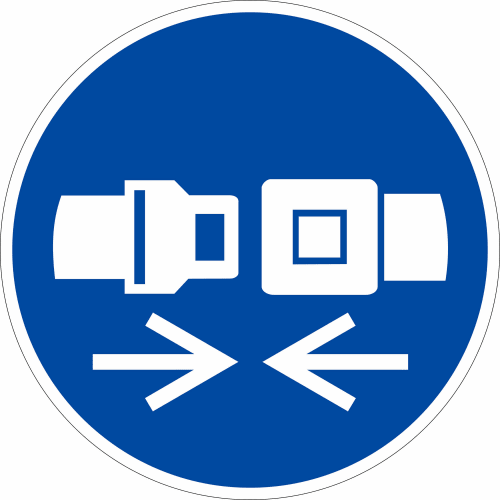 Gebotszeichen Sicherheitsgurt benutzen nach ISO 7010 M 020 blaues rundes Schild mit weißem Sicherheitsgurt Symbol