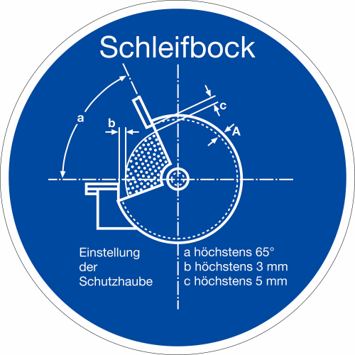 Gebotszeichen Schleifbock mit Einstellung der Schutzhaube und maximalen Werten für Winkel und Abstände