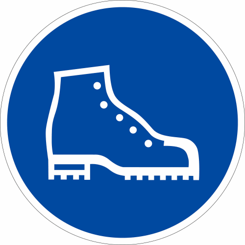 Gebotszeichen Sicherheitsschuhe benutzen blaues rundes Schild mit weißem Sicherheitsschuh Symbol