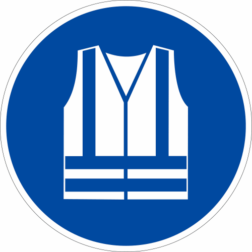 Gebotszeichen Warnweste benutzen nach ISO 7010 M 015 blaues rundes Schild mit weißer Warnweste