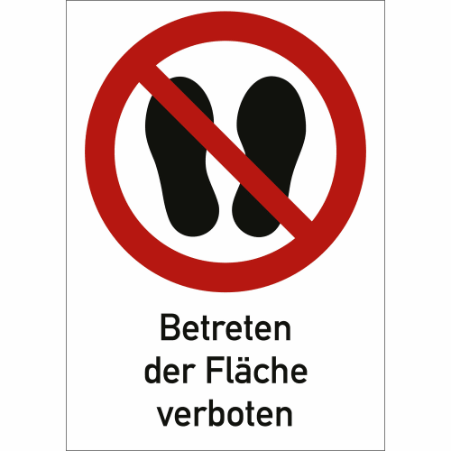 Kombischild Betreten der Fläche verboten mit rotem Verbotssymbol und Fußabdrücken