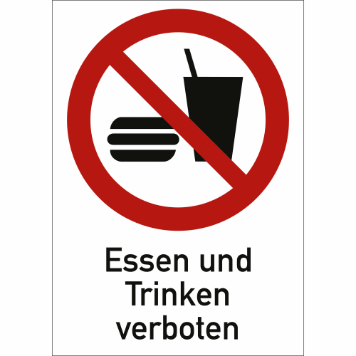 Verbotsschild Essen und Trinken verboten mit durchgestrichenem Burger und Getränk
