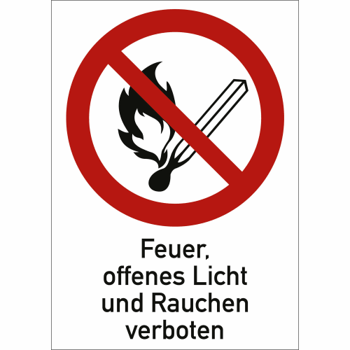 Verbotsschild Feuer offenes Licht und Rauchen verboten mit durchgestrichener brennender Streichholzabbildung