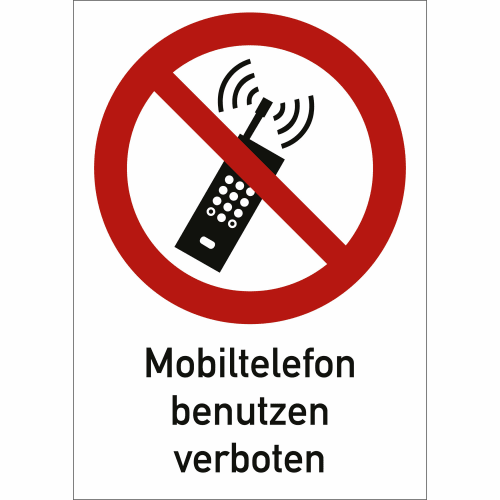 Verbotsschild Mobiltelefone benutzen verboten mit rotem Verbotssymbol und altem Handy