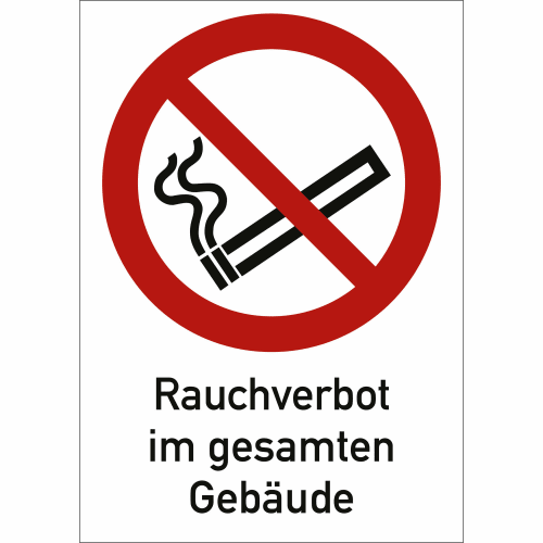 Kombischild Rauchverbot im gesamten Gebäude mit durchgestrichener Zigarette nach ISO 7010