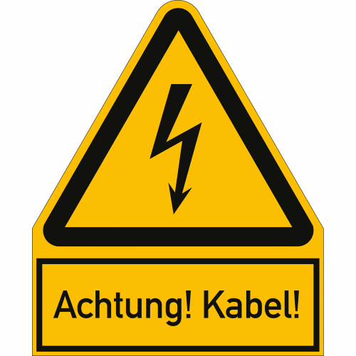 Warnschild mit Blitzsymbol und Text Achtung! Kabel! in gelb und schwarz