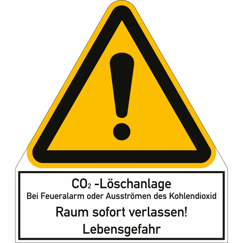 Warnschild CO2-Löschanlage mit Hinweis auf Erstickungsgefahr und Aufforderung Raum sofort zu verlassen