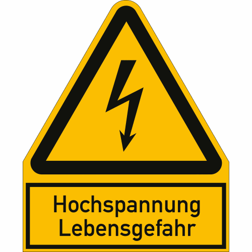 Warnschild Hochspannung Lebensgefahr mit Blitzsymbol auf gelbem Hintergrund