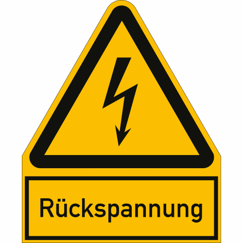 Warnschild Rückspannung mit Blitzsymbol in gelbem Dreieck