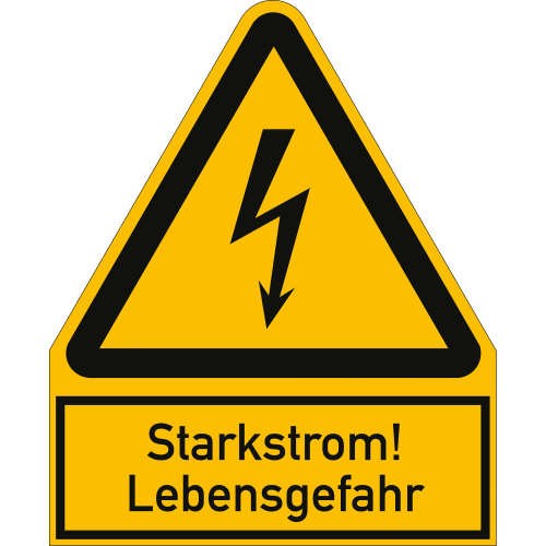 Warnschild Starkstrom Lebensgefahr mit Blitzsymbol auf gelbem Hintergrund