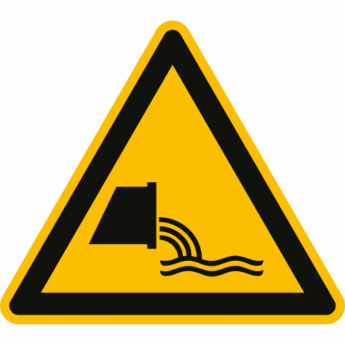 Warnschild Warnung vor Abwassereinleitung nach ISO 20712-1 mit Symbol eines Abwasserrohrs und fließendem Wasser