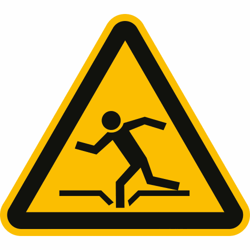Warnschild vor Einsturzgefahr mit Symbol einer Person, die auf eine Bodenöffnung tritt