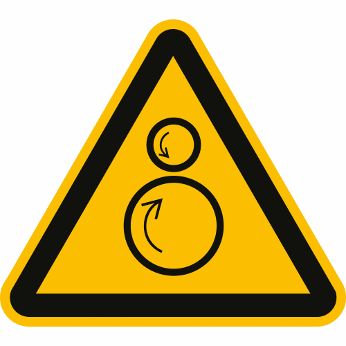 Warnschild Warnung vor gegenläufigen Rollen nach ISO 7010 W 025 mit zwei schwarzen Rollen und Pfeilen auf gelbem Dreieck