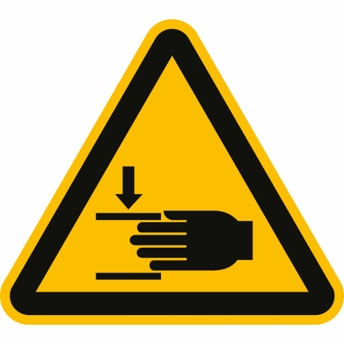 Warnschild Warnung vor Handverletzungen nach ISO 7010 W 024 mit schwarzem Hand-Symbol und Pfeil auf gelbem Dreieck