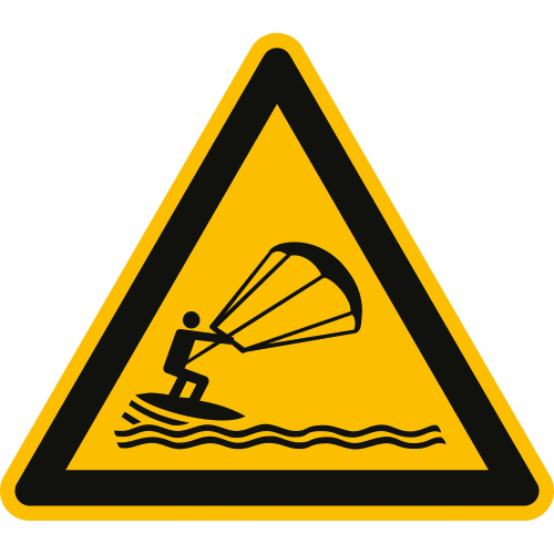 Warnschild Warnung vor Kitesurfern mit Piktogramm eines Kitesurfers auf Wasser nach ISO 20712-1