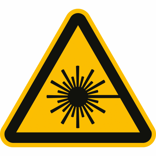 Warnschild Warnung vor Laserstrahl nach ISO 7010 W 004 mit gelbem Dreieck und schwarzem Laserstrahl-Symbol