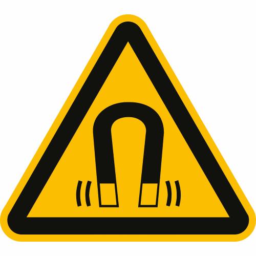 Warnschild Warnung vor magnetischem Feld nach ISO 7010 mit Magnet-Symbol in gelbem Dreieck