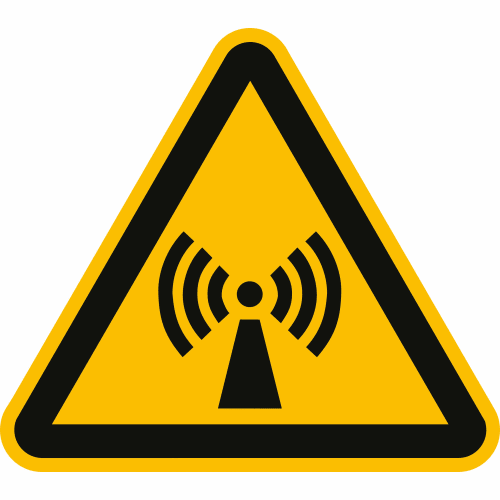 Warnschild Warnung vor nicht ionisierender elektromagnetischer Strahlung nach ISO 7010 W 005 gelbes Dreieck mit schwarzem Symbol