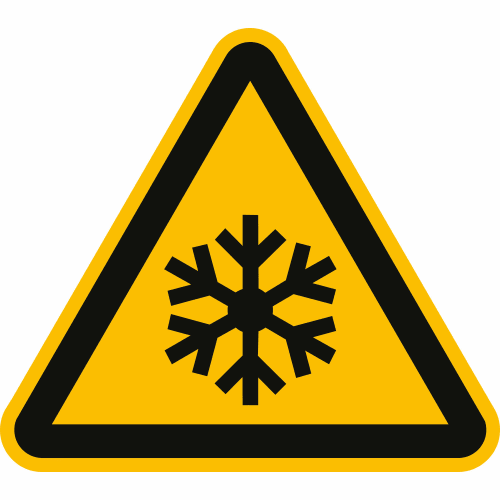 Warnschild Warnung vor niedriger Temperatur mit Schneeflockensymbol nach ISO 7010 W 010