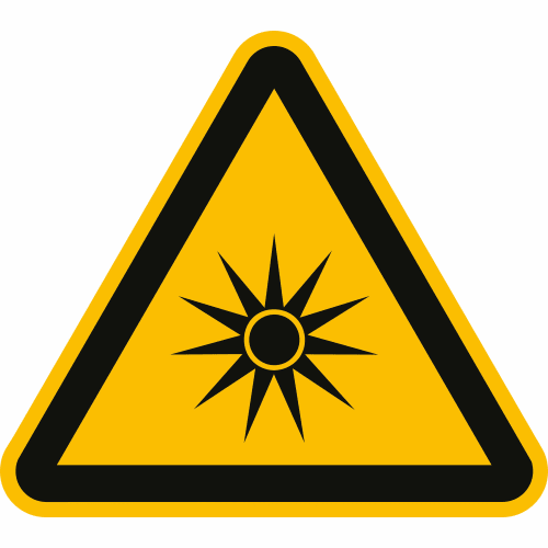 Warnschild Warnung vor optischer Strahlung ISO 7010 W 027 gelbes Dreieck mit schwarzem Rand und Laserstrahl-Symbol