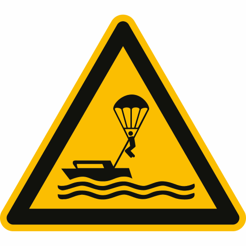 Warnschild Warnung vor Parasailing mit Symbol eines Boots und einer Person am Fallschirm über Wasser nach ISO 20712-1