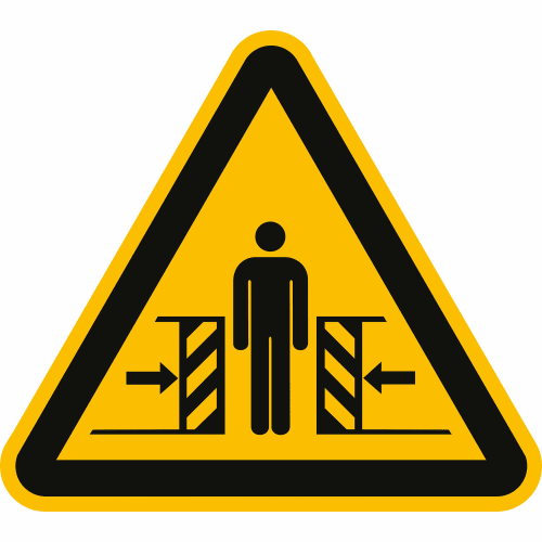 Warnschild Warnung vor Quetschgefahr nach ISO 7010 mit Symbol einer Person zwischen zwei sich nähernden Hindernissen