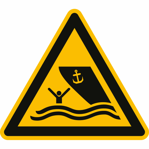 Warnschild Warnung vor Schiffsverkehr mit Symbol eines Menschen im Wasser und Schiffsrumpf mit Anker nach ISO 20712-1
