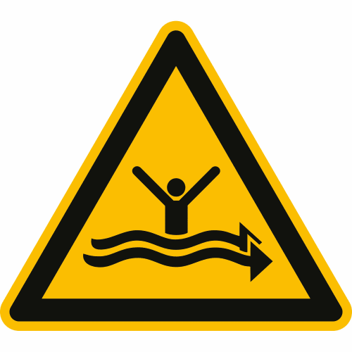 Warnschild Warnung vor starker Strömung mit Symbol einer Person im Wasser und Pfeil nach rechts ISO 20712-1 WSW 015