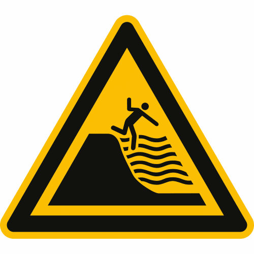 Warnschild Warnung vor steil abfallendem Strand mit Symbol einer Person am Abhang und Wellen nach ISO 20712-1