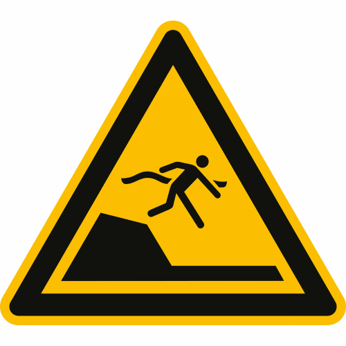 Warnschild Warnung vor unvermittelter Tiefenänderung in Schwimm- oder Freizeitbecken nach ISO 20712-1 mit Symbol einer Person am Abgrund
