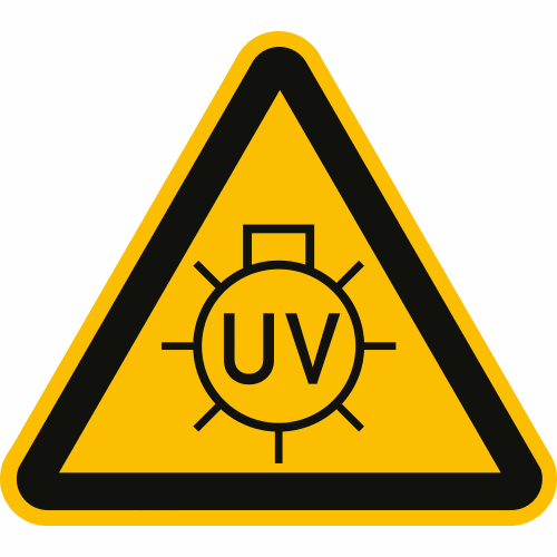 Warnschild vor UV-Strahlung mit gelbem Dreieck und schwarzem Rand