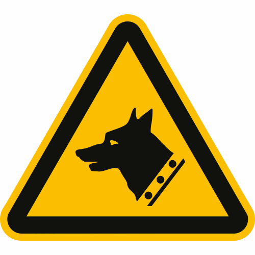 Warnschild Warnung vor Wachhund nach ISO 7010 mit schwarzem Hundekopf auf gelbem Dreieck