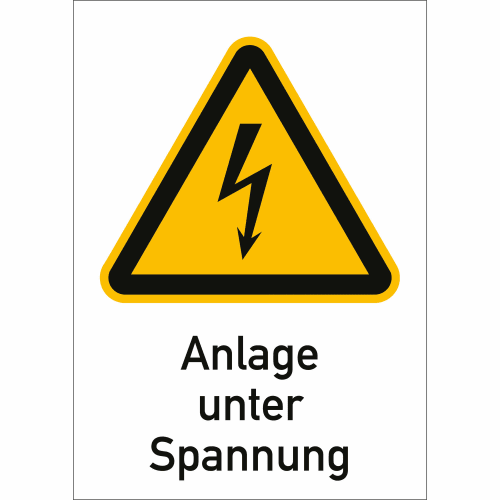 Warnschild Anlage unter Spannung mit gelbem Dreieck und Blitzsymbol