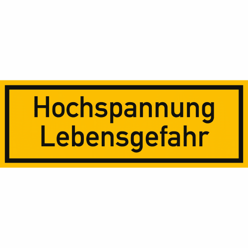 Warnschild Hochspannung Lebensgefahr gelb mit schwarzem Rand und Text
