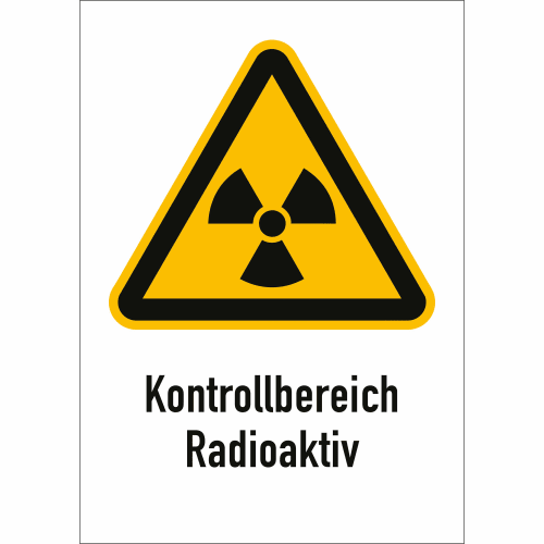 Warnschild Kontrollbereich Radioaktiv mit gelbem Dreieck und schwarzem Radioaktiv-Symbol