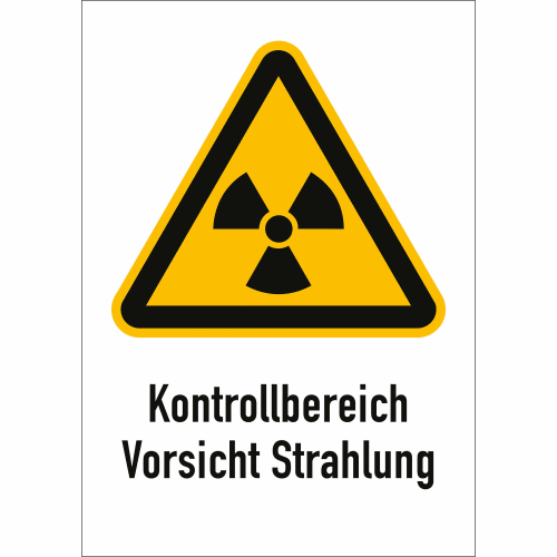 Warnschild Kontrollbereich Vorsicht Strahlung mit gelbem Dreieck und Strahlungssymbol