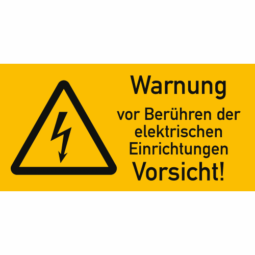 Warnetikett Warnung vor Berührung der elektrischen Einrichtungen mit Blitzsymbol auf gelbem Hintergrund