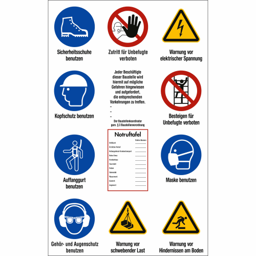 Baustellen-Sicherheitsschild mit Symbolen für Sicherheitsschuhe, Zutritt verboten, Warnung vor elektrischer Spannung, Kopfschutz, Besteigen verboten, Auffanggurt, Maske, Gehör- und Augenschutz, Warnung vor schwebender Last und Hindernissen am Boden