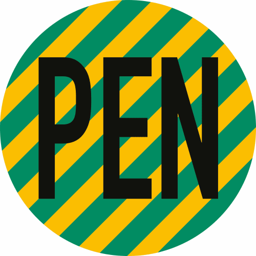 Runder Aufkleber mit grünen und gelben diagonalen Streifen und schwarzem Schriftzug PEN für Neutralleiter mit Schutzfunktion