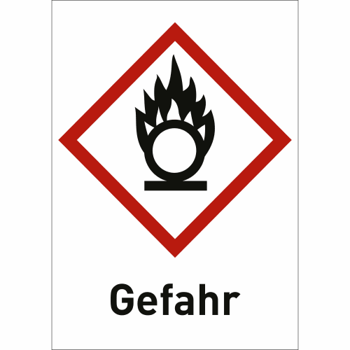 Gefahr GHS 03 Symbol mit Flamme über Kreis und rotem Rahmen