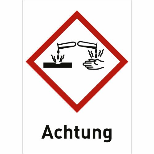 Gefahrensymbol Ätzwirkung mit Text Achtung GHS 05, rotes Rautensymbol mit ätzenden Flüssigkeiten auf Hand und Oberfläche