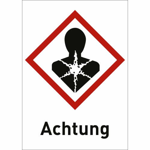 Gefahrensymbol Gesundheitsgefahr mit rotem Rand und schwarzer Silhouette eines Menschen mit Sternmuster im Brustbereich, Text Achtung