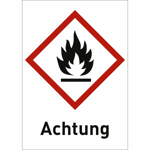 Gefahrensymbol Flamme mit rotem Rand und dem Text Achtung, GHS 02