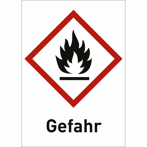 Gefahrensymbol Flamme mit rotem Rand und Text Gefahr GHS 02