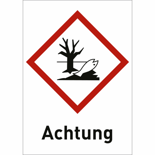 Umwelt Gefahrstoffsymbol mit totem Baum und Fisch in rotem Raute Rahmen und Text Achtung
